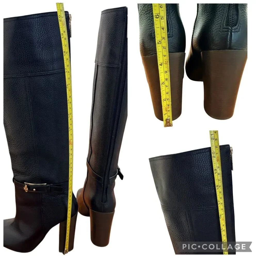 Tory Burch Jenna Black Pebbled Leather Knee High Boots Size 8.5